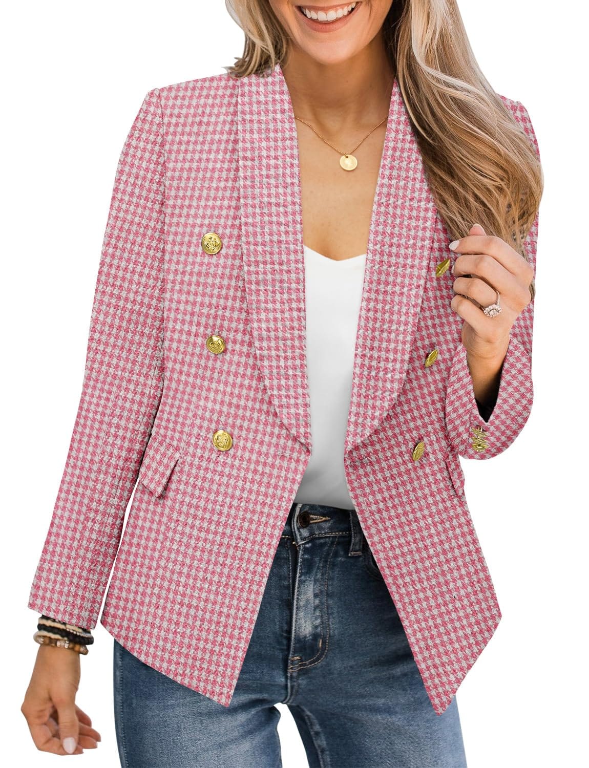 CRAZY GRID Chaqueta casual para mujer con botones dorados, manga larga, para trabajo, oficina, solapa, frente abierto