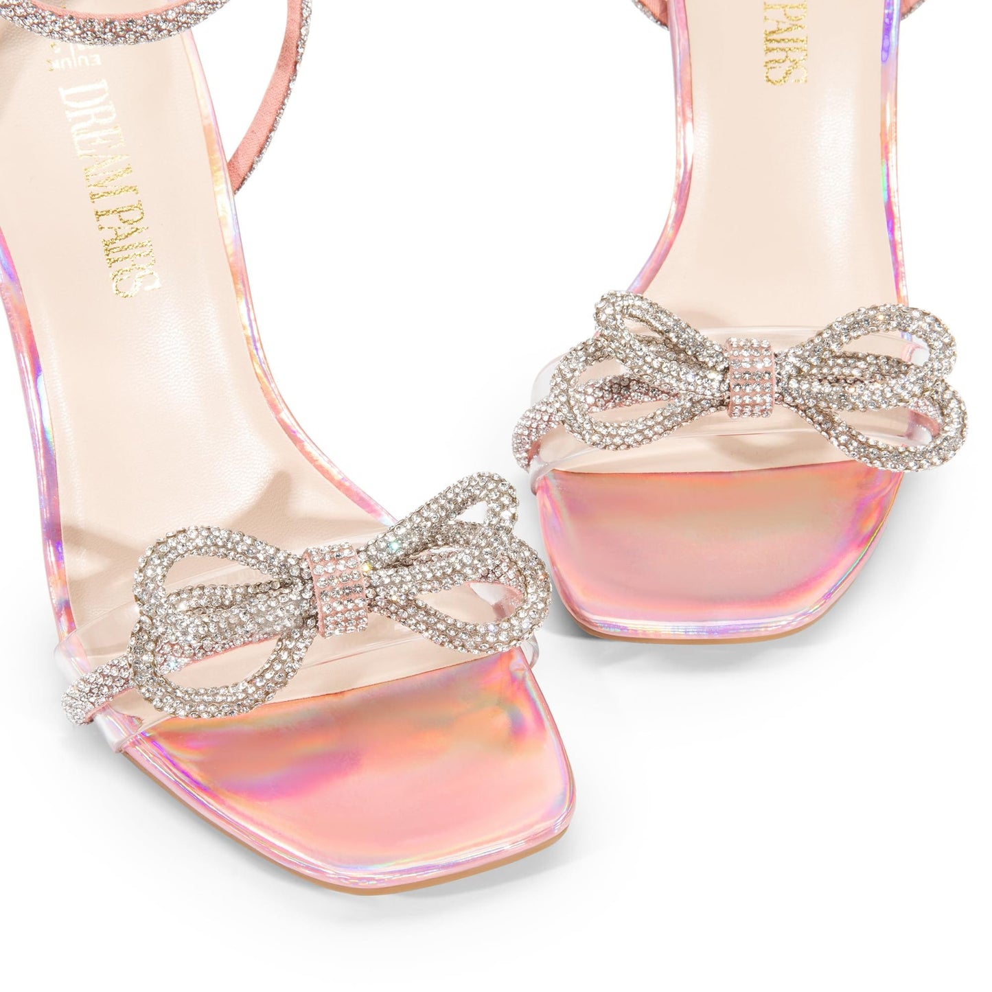 DREAM PAIRS Sandalias de cristal con doble lazo para mujer, tacones transparentes, puntera cuadrada, para fiesta, boda 