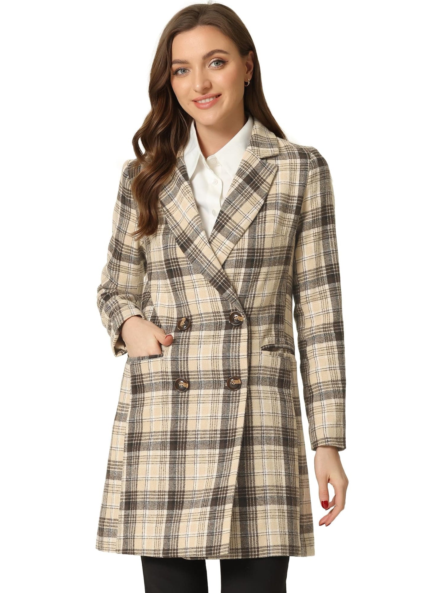 Allegra K Women's Double Breasted Notched Lapel Plaid Trench Blazer Coat