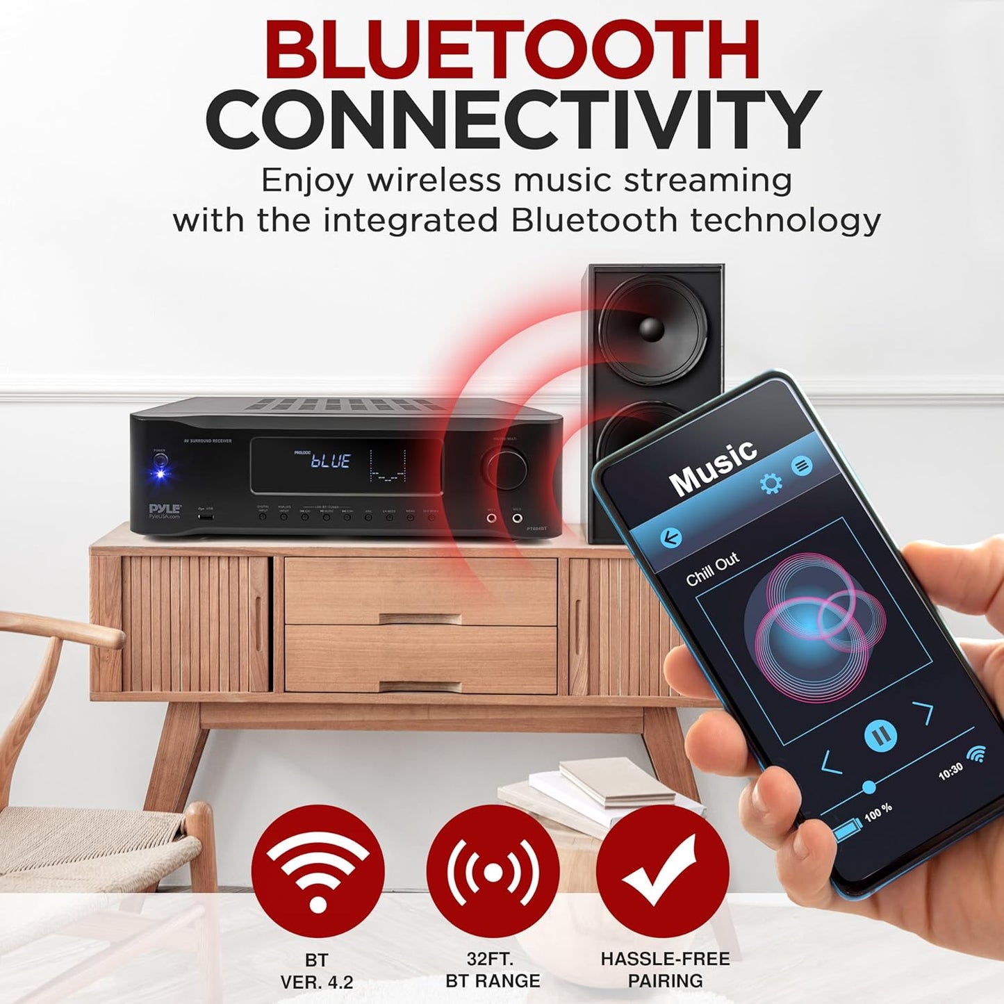 Pyle Amplificador estéreo Bluetooth Hi-Fi de 5.2 canales - Altavoz doméstico AV de 1000 vatios Receptor de sonido subwoofer con radio, USB, RCA, HDMI, entrada de micrófono, transmisión inalámbrica, compatible con TV 4K UHD, 3D, Blu-Ray -PT694BT 