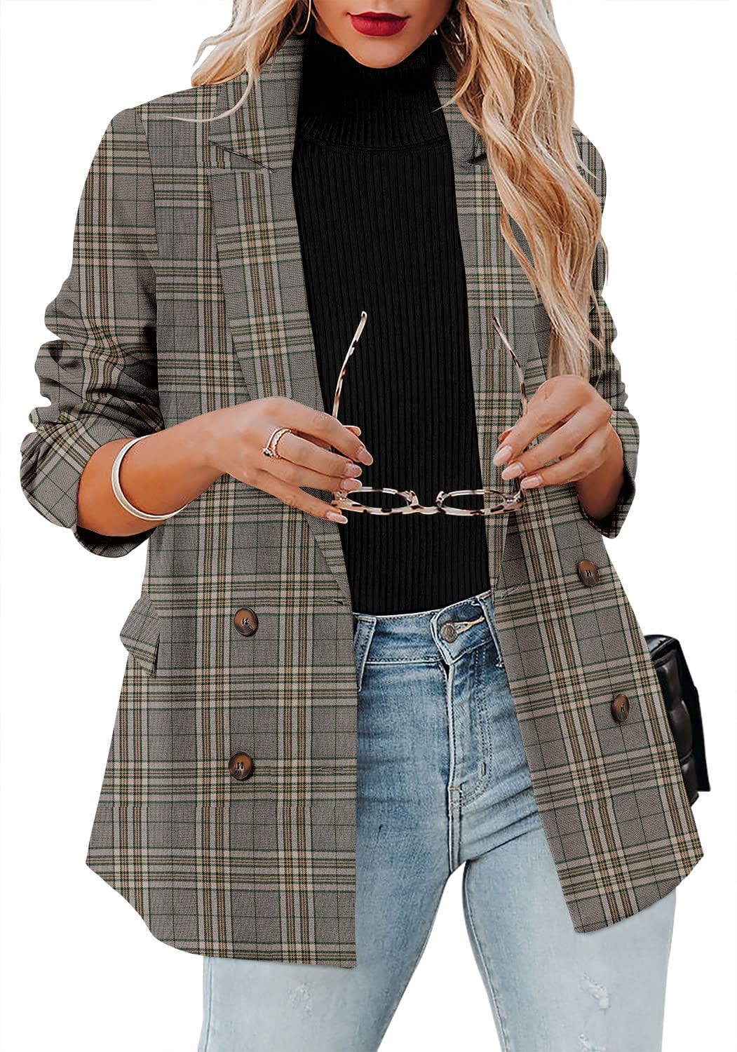 CRAZY GRID Chaqueta casual para mujer, de manga larga, con frente abierto, para trabajo, oficina, chaqueta con botones de solapa