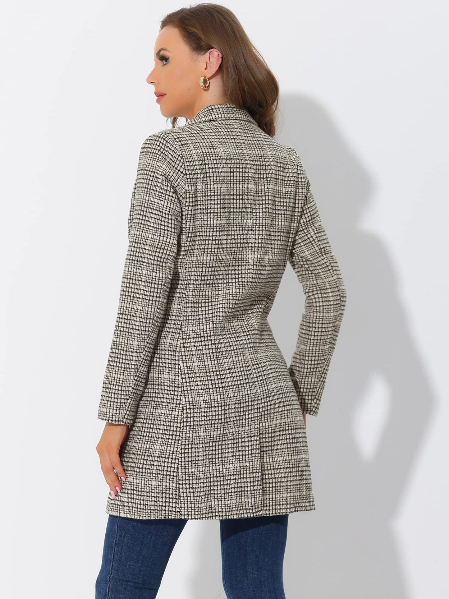 Allegra K Women's Double Breasted Notched Lapel Plaid Trench Blazer Coat