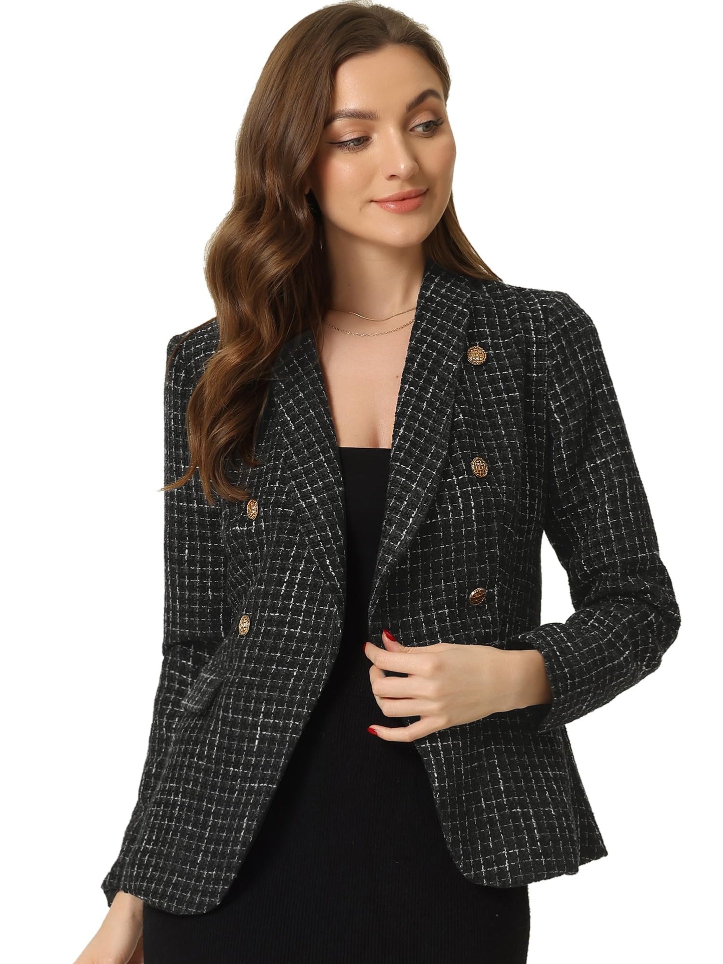 Allegra K Blazer en tweed pour femme avec revers cranté et double boutonnage à carreaux pour le travail et le bureau 