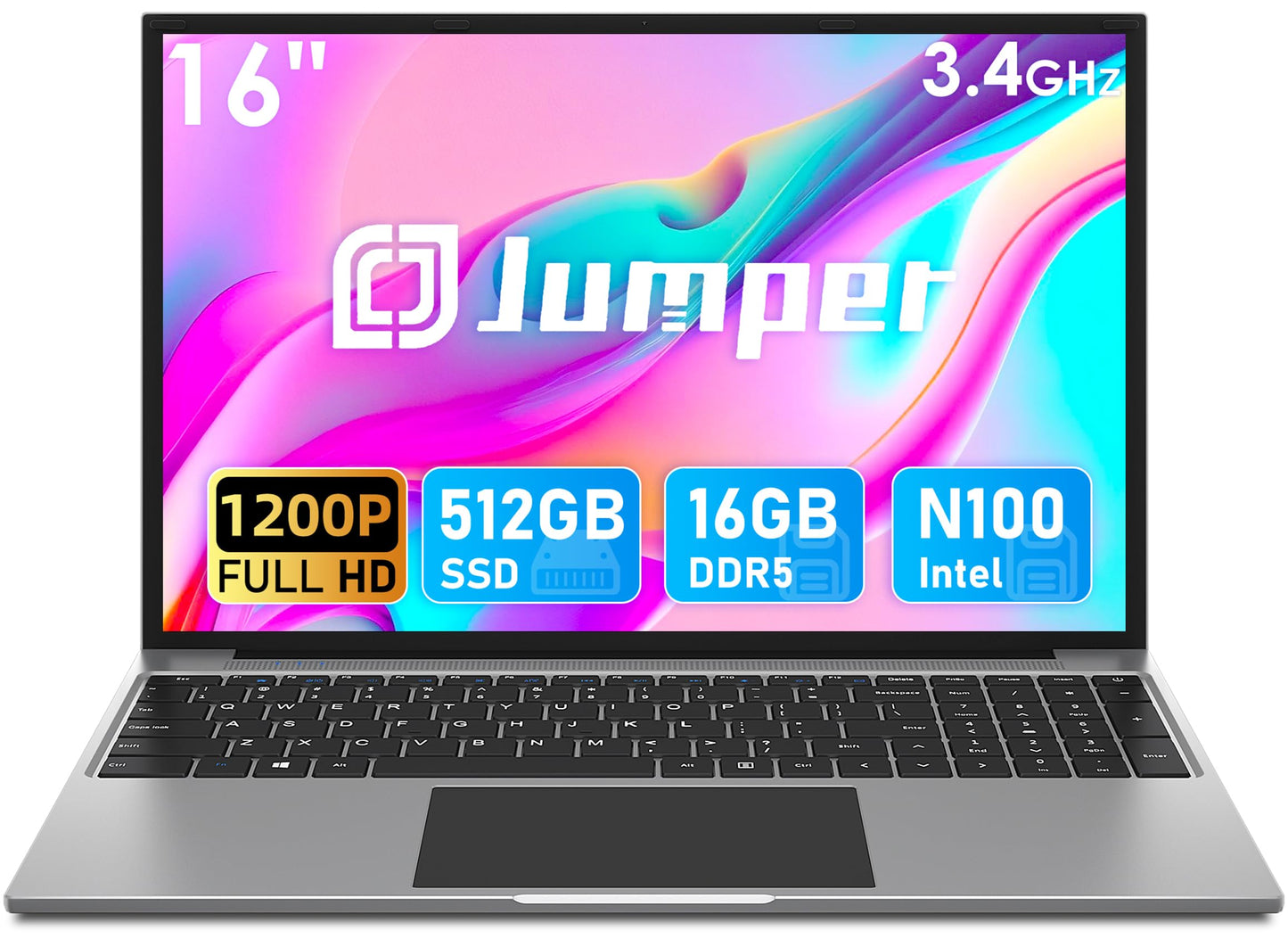 jumper Laptop, computadora portátil con CPU Intel N100 (hasta 3,4 GHz), SSD DDR5 de 16 GB y 512 GB, pantalla IPS FHD de 16", 1920 x 1200, sistema de refrigeración, batería de 38 Wh, 4 parlantes estéreo, gráficos Intel UHD, HDMI. 