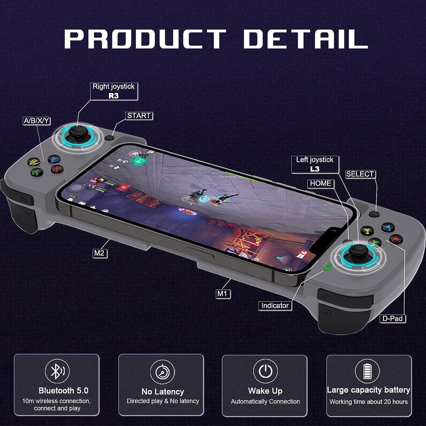 Megadream Manette de jeu mobile pour iPhone iOS Android PC : fonctionne avec iPhone 15/14/13/12/11/X, iPad, Samsung Galaxy, TCL, tablette, Call of Duty, Black Desert Mobile – Jouez directement (gris) 