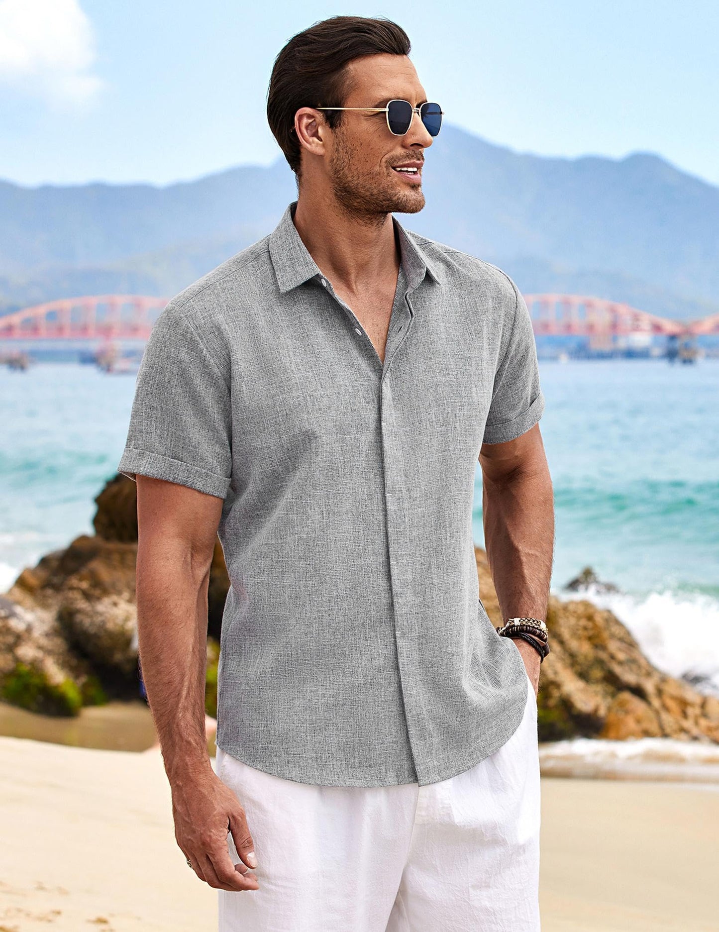 COOFANDY Men's Linen Shirts Short Sleeve Casual Shirts Button Down Shirt for Men Beach Summer Wedding Shirt