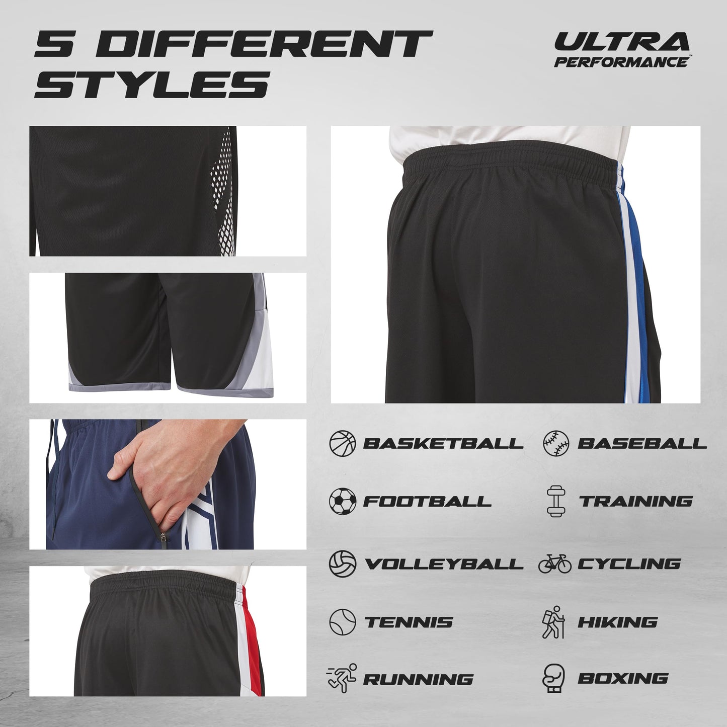 Ultra Performance Mens 5 Pack Athletic Running Shorts, Basketball Gym Workout Shorts for Men with Zippered Pockets