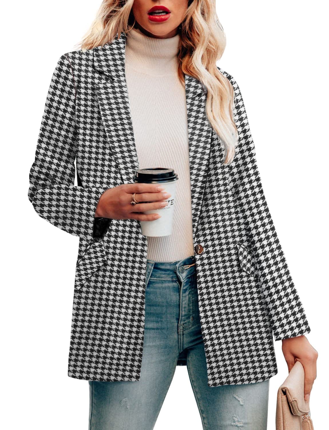 CRAZY GRID Chaqueta casual para mujer, de manga larga, con frente abierto, para trabajo, oficina, chaqueta con botones de solapa