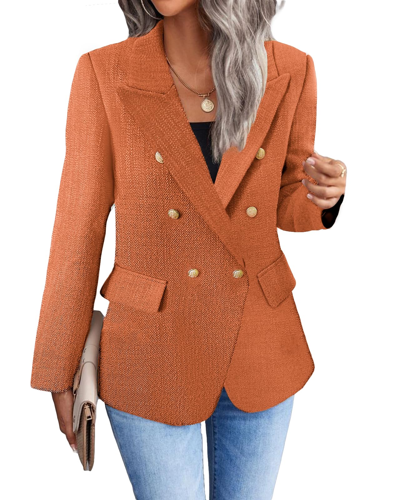 Womens Casual Blazer 2024 Spring Open Front Business Work Tweed Plaid Jacket Suit Pocket (S-XXL)