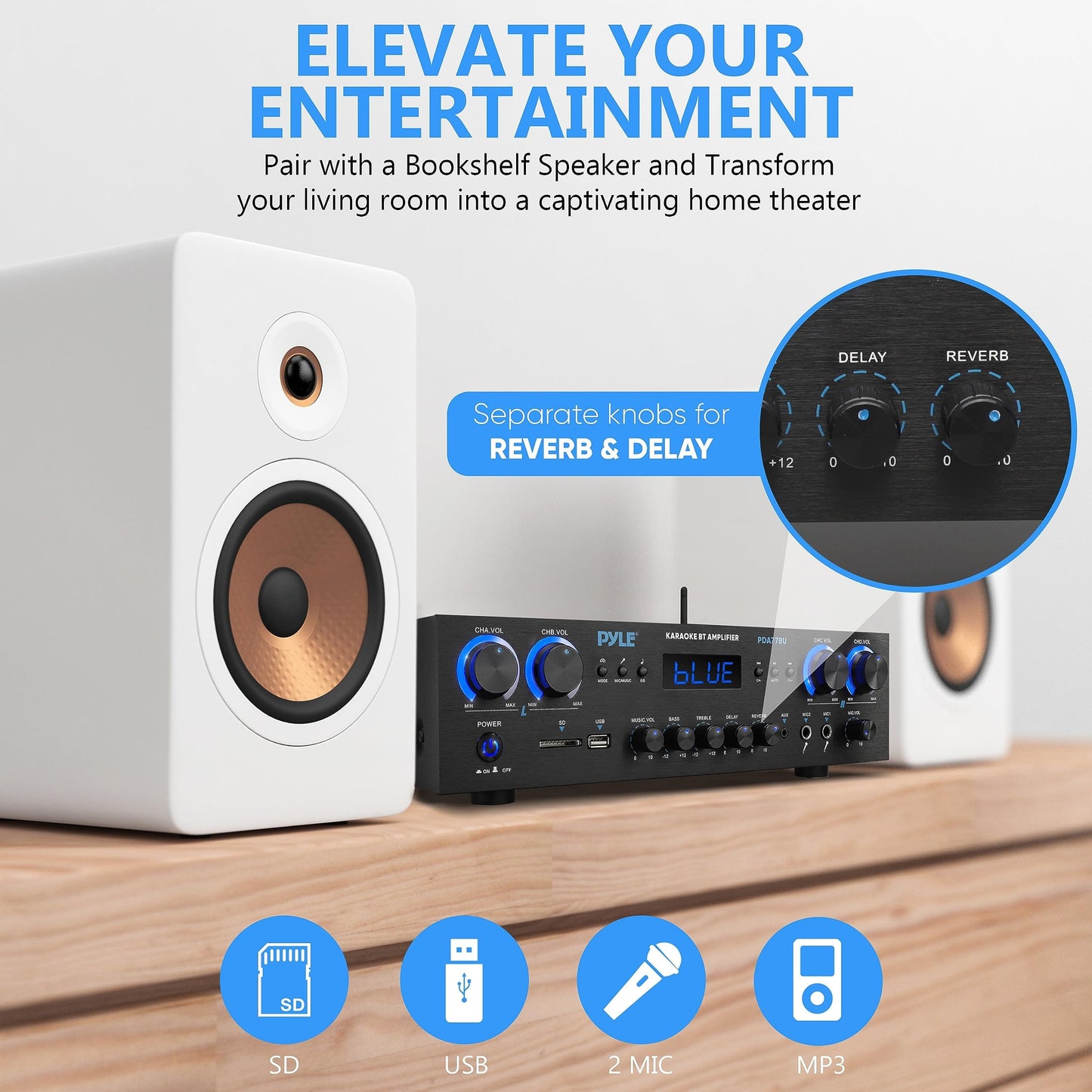 Pyle - Amplificador de audio para cine en casa con Bluetooth, receptor estéreo, sistema de sonido de 4 canales, 500 vatios, con MP3, USB, SD, AUX, RCA, FM, micrófono, auriculares, retardo de reverberación, volumen LED, para altavoces de hogar/estudio/cine 