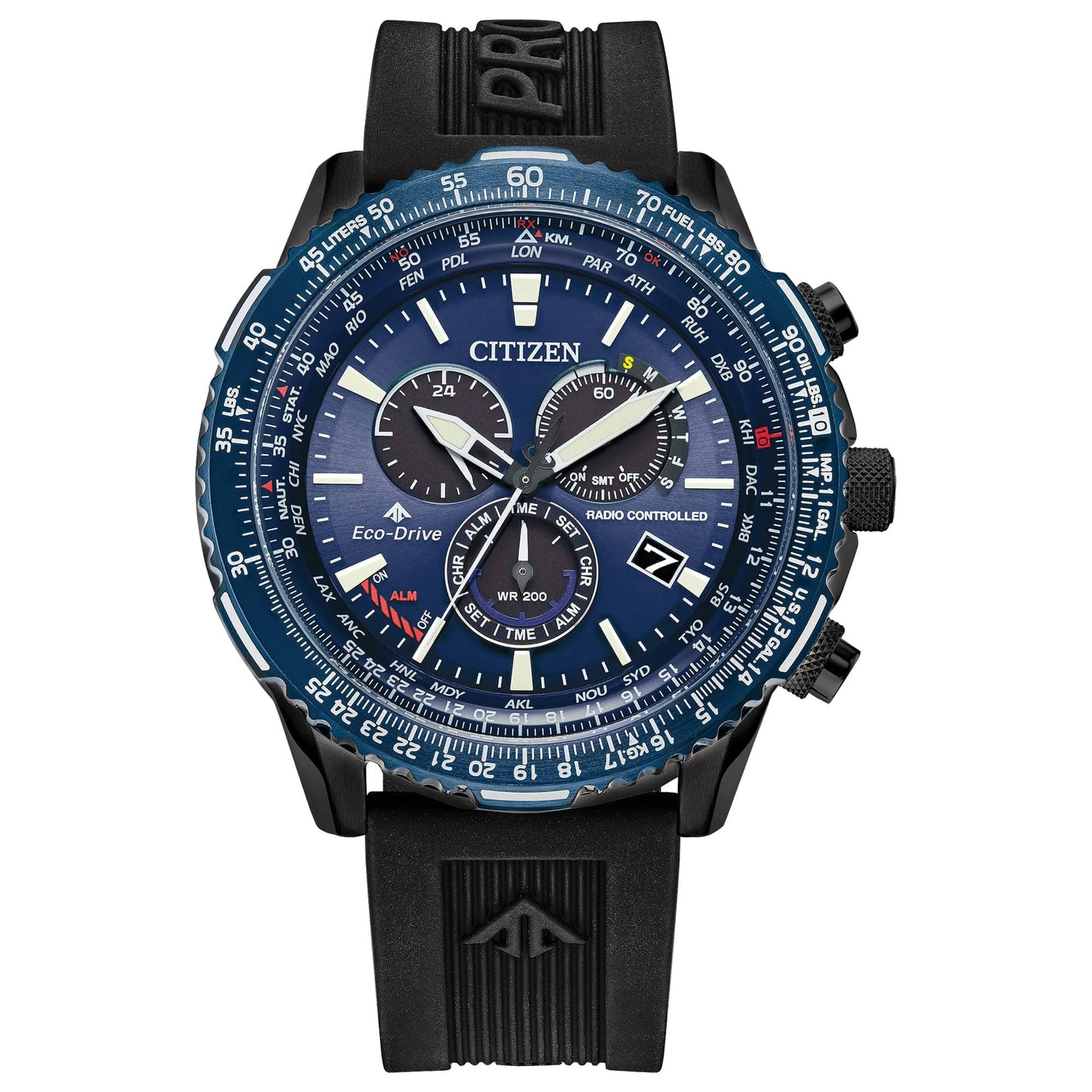 Citizen Reloj cronógrafo piloto Promaster Air Eco-Drive para hombre, tecnología de cronometraje atómico, hora de 12/24 horas, indicador de reserva de marcha, manecillas y marcadores luminosos, cristal de zafiro 