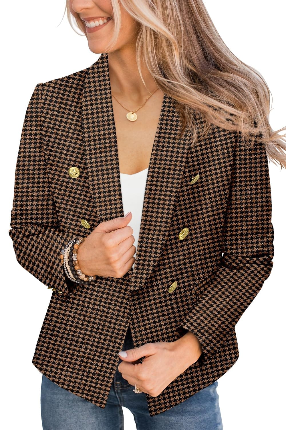 CRAZY GRID Chaqueta casual para mujer con botones dorados, manga larga, para trabajo, oficina, solapa, frente abierto