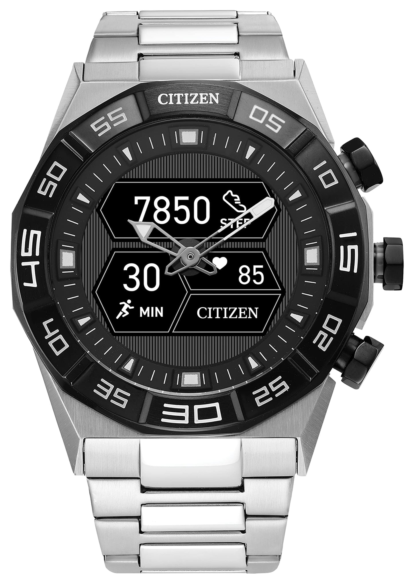 Montre intelligente hybride Citizen CZ Smart PQ2 avec application YouQ Wellness dotée de l'IA IBM Watson® et de la recherche de la NASA, écran personnalisable en noir et blanc, Bluetooth, RH, suivi d'activité, autonomie de 18 jours 