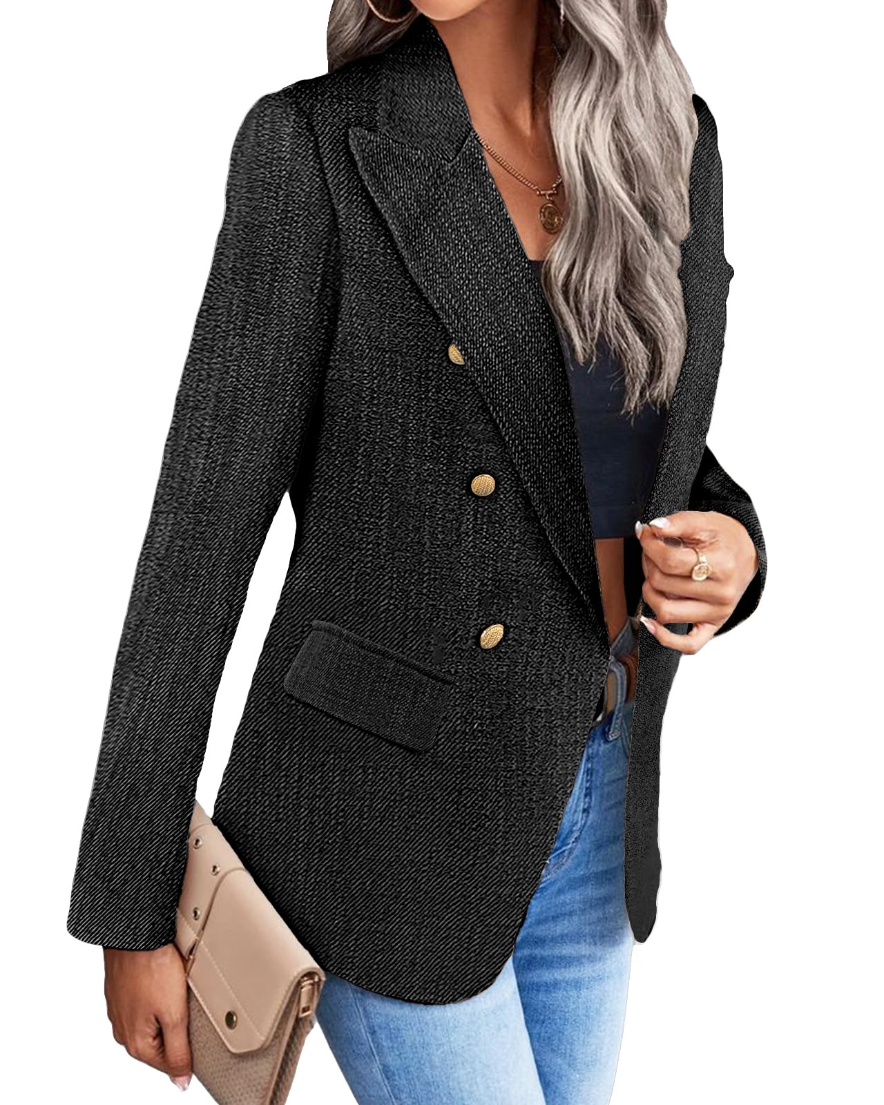 Womens Casual Blazer 2024 Spring Open Front Business Work Tweed Plaid Jacket Suit Pocket (S-XXL)