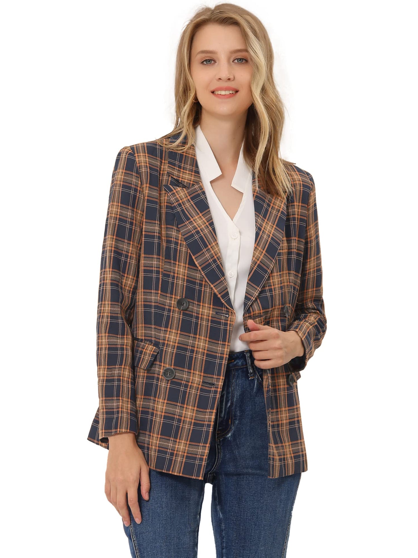 Allegra K Women's Notched Lapel Double Breasted Work Formal Blazer Jacket