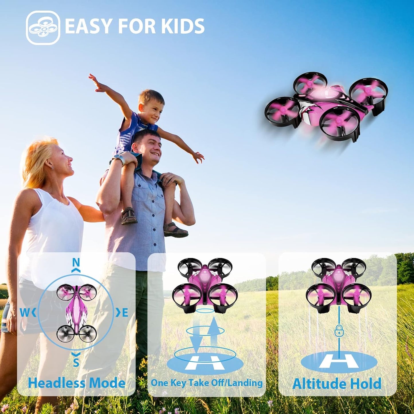 Mini drones 2 en 1 pour enfants, drone télécommandé avec mode terrestre ou mode vol, lumières LED, vol stationnaire automatique, retournement 3D, mode sans tête et 2 piles, jouets cadeaux pour garçons et filles (rose port) 