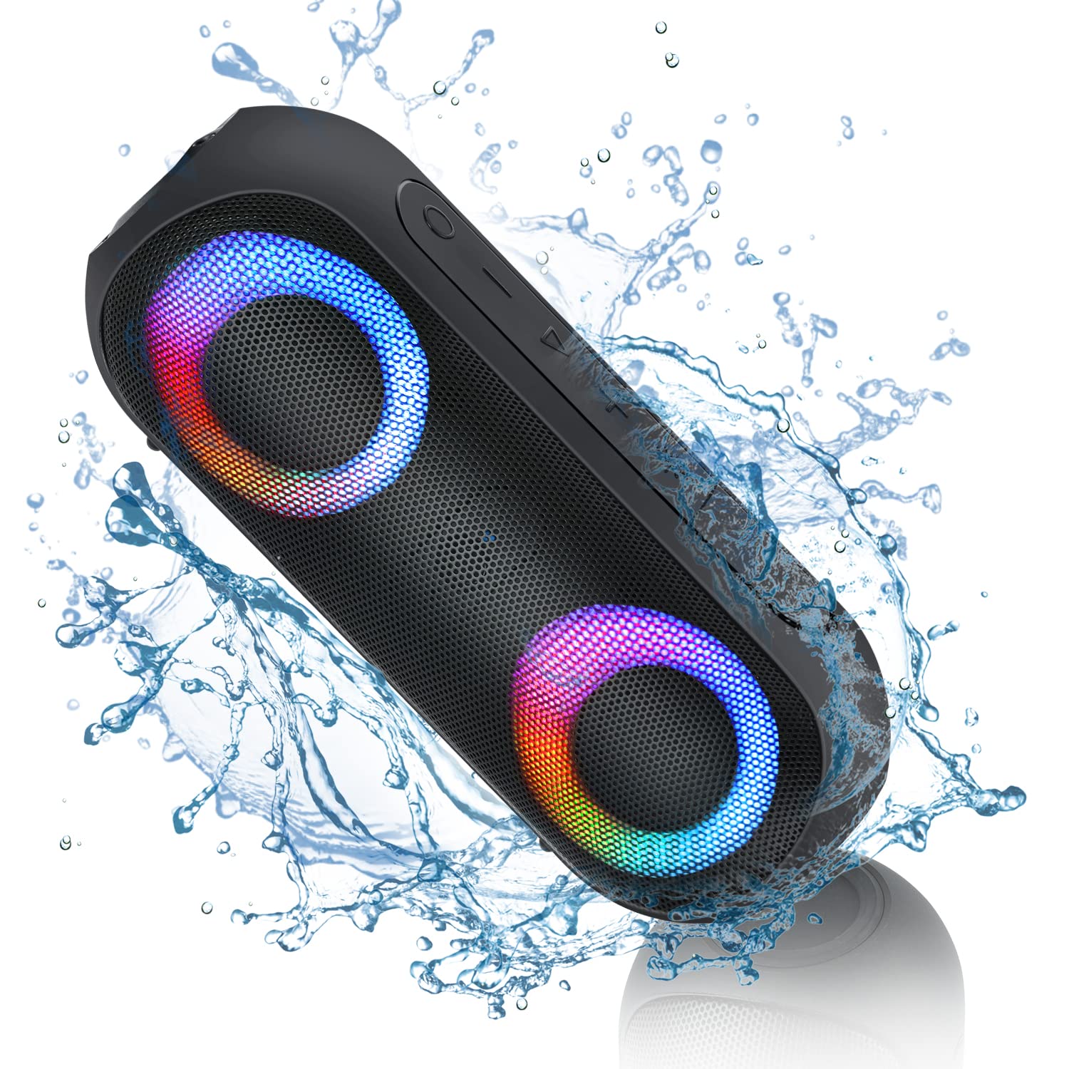 Haut-parleurs Bluetooth avec lumière, 30 W portable Bluetooth sans fil (portée de 30,5 m) son stéréo fort, haut-parleurs de douche étanches IPX7, lumières rythmiques multicolores RVB, 1000 minutes de lecture pour l'intérieur et l'extérieur 