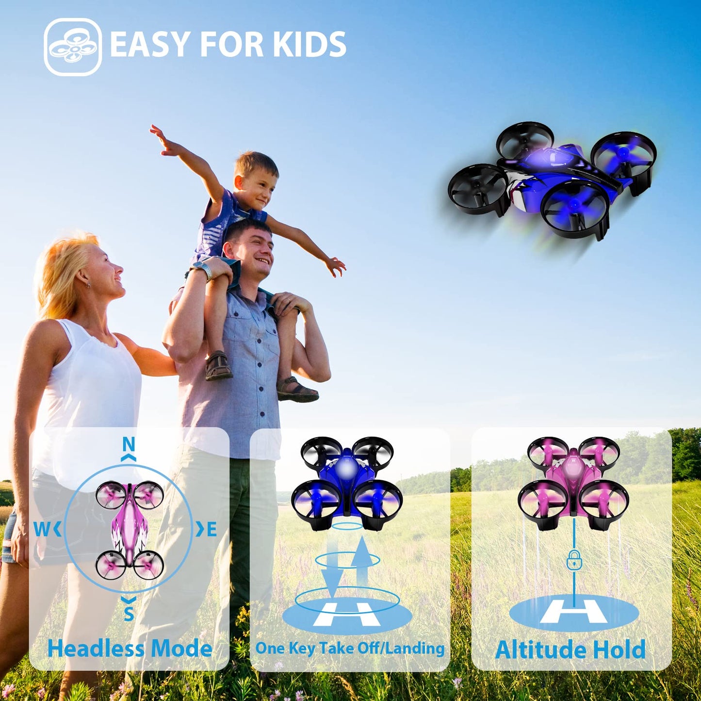 Mini drones 2 en 1 para niños con control remoto, modo tierra o modo vuelo, luces LED, desplazamiento automático, giro 3D, modo sin cabeza y 2 baterías, juguetes regalos para niños y niñas (rosa puerto) 