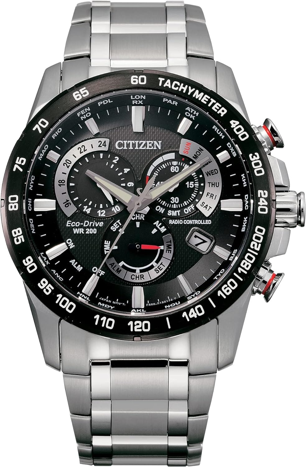 Citizen Reloj cronógrafo PCAT de lujo Eco-Drive Sport para hombre de acero inoxidable, esfera negra (Modelo: CB5898-59E) 