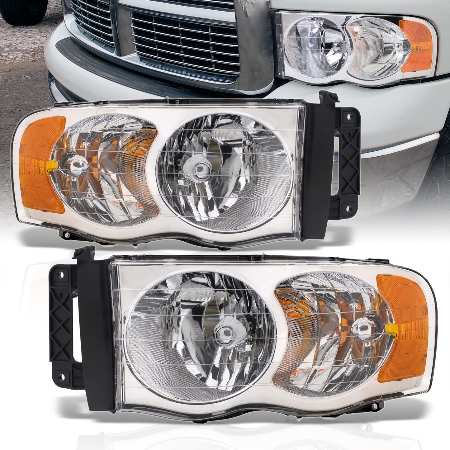 AJP Distributors Front Bumper Driving Signal Headlights Headlamps Head Lights Lamps Driver + Passenger Assembly Pair Set Compatible/Replacement For Ram 1500 2500 3500 2002 2003 2004 2005 02 03 04 05