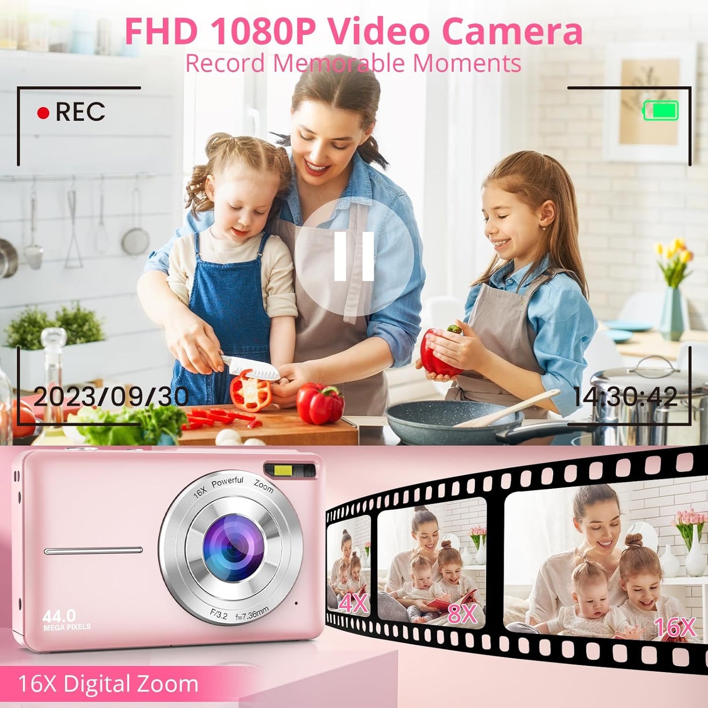 Digital Camera 2024 Newest 1080P 44MP Digital Cameras for Photography, Digital Point and Shoot Camera for Kids with 16X Zoom, Anti-Shake, Compact Small Travel Camera for Boys Girls Teens Gift Xpress