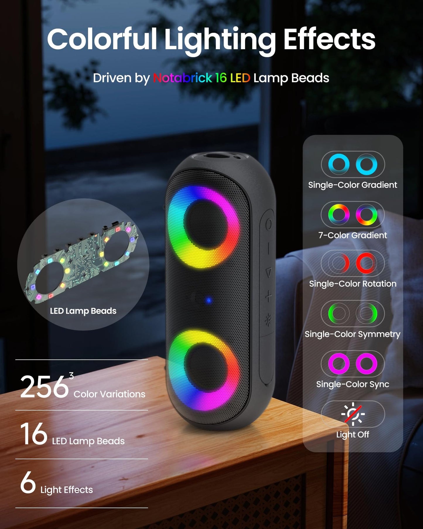 Altavoces Bluetooth con luz, Bluetooth inalámbrico portátil de 30 W (rango de 100 pies), sonido estéreo fuerte, altavoces de ducha impermeables IPX7, luces rítmicas multicolores RGB, tiempo de reproducción de 1000 minutos para interiores y exteriores 