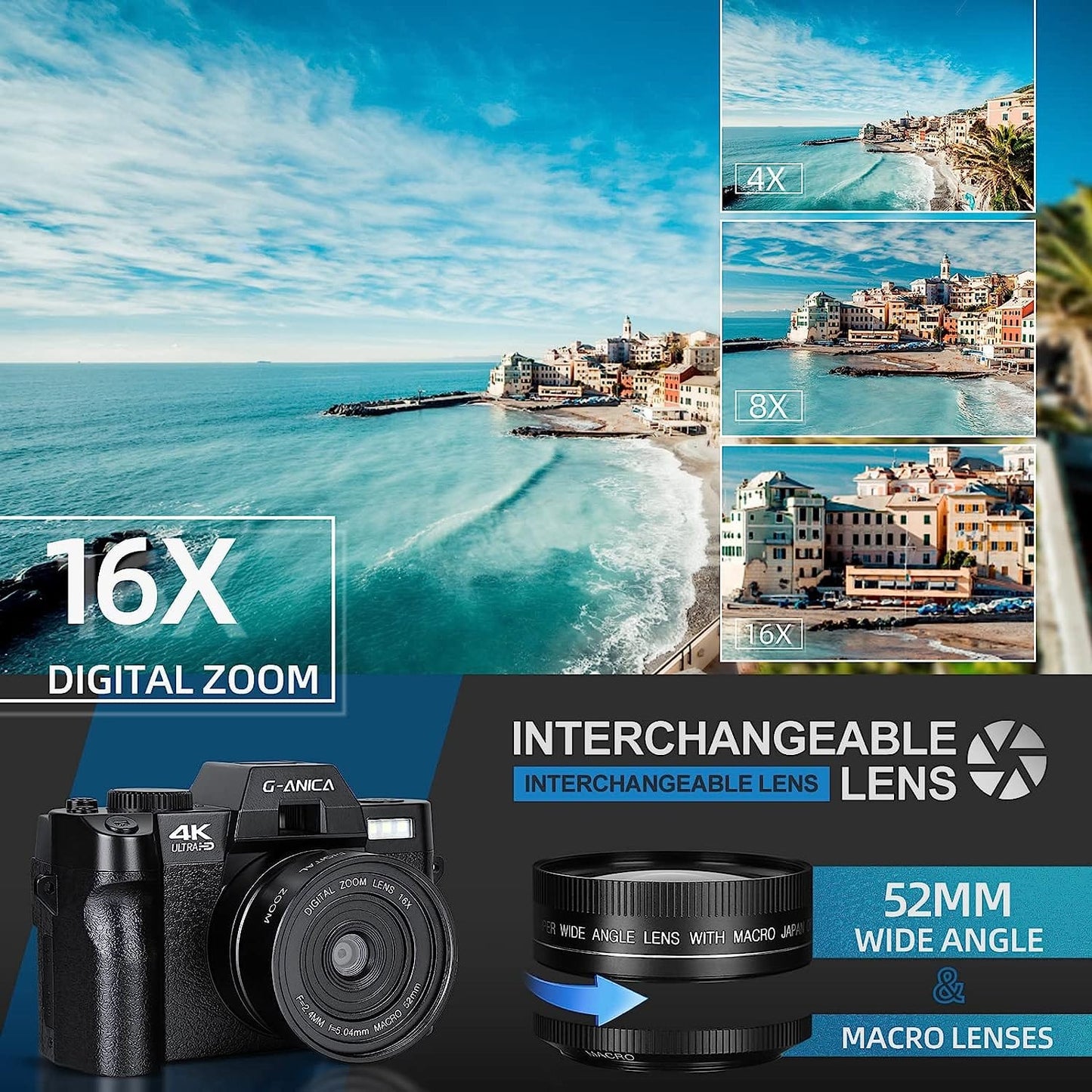 G-Anica 4K Digital Cameras for Photography，48MP/60FPS Video Camera for Vlogging, WiFi & App Control Vlogging Camera for YouTube, Small Camera with 32GB TF Card.Wide-Angle & Macro Lens Xpress