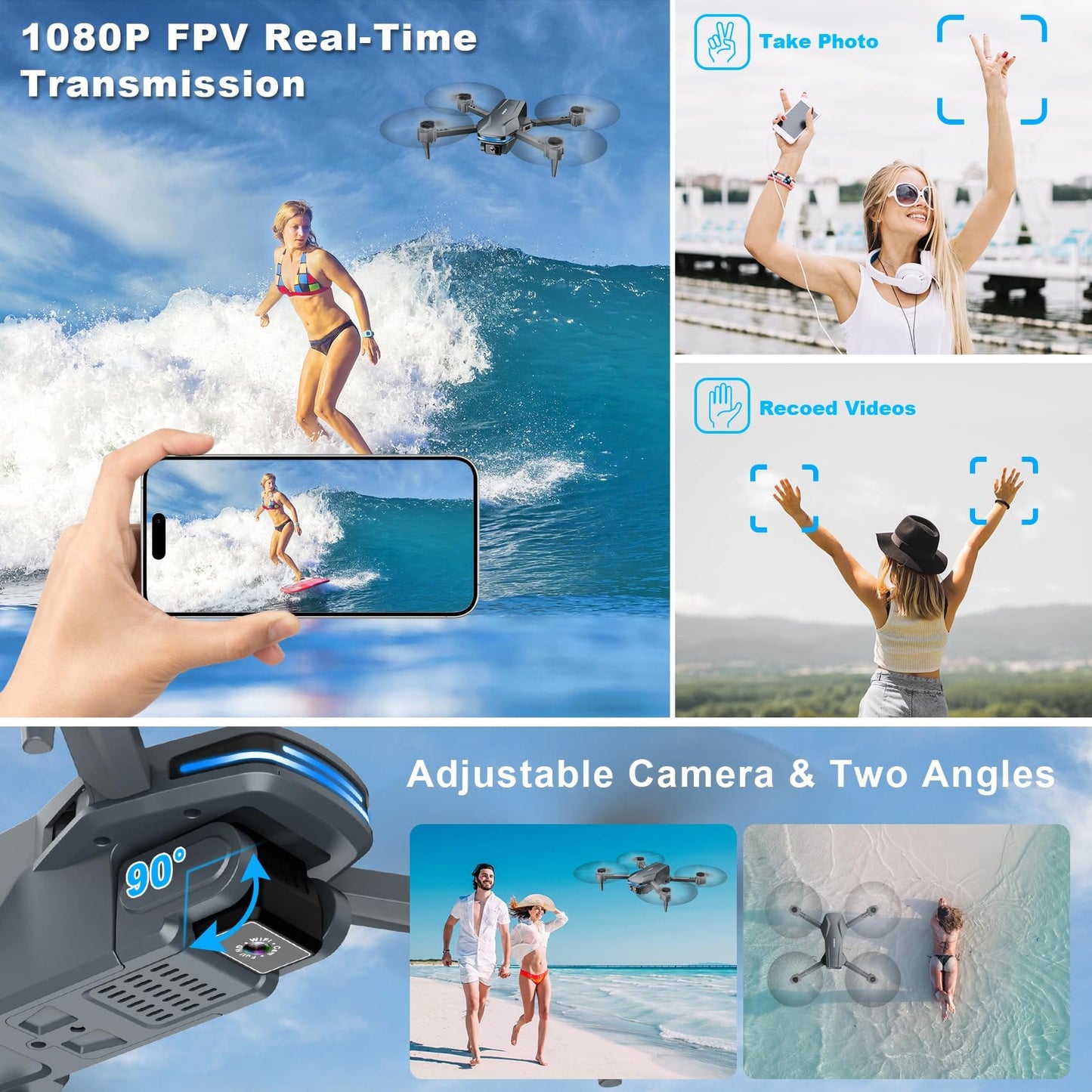 Drone avec caméra 1080P HD FPV pliable pour débutants et enfants, quadricoptère avec commande vocale et gestuelle avec étui de transport, décollage/atterrissage à une touche, positionnement du flux optique, retournement à 360°, vol Waypoint 