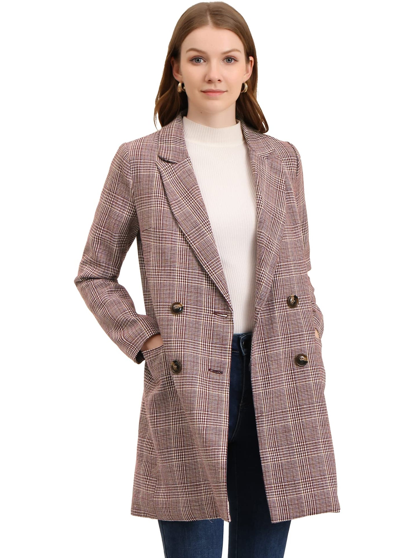 Allegra K Women's Double Breasted Notched Lapel Plaid Trench Blazer Coat