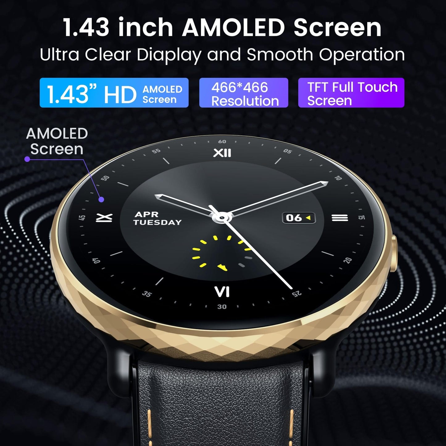 Montre intelligente pour hommes et femmes, téléphones Android iOS : montres intelligentes, tracker d'activité avec écran tactile AMOLED de 1,43", étanche, pression artérielle, fréquence cardiaque, pas automatique, minuteur de sport, alarme, podomètre. 