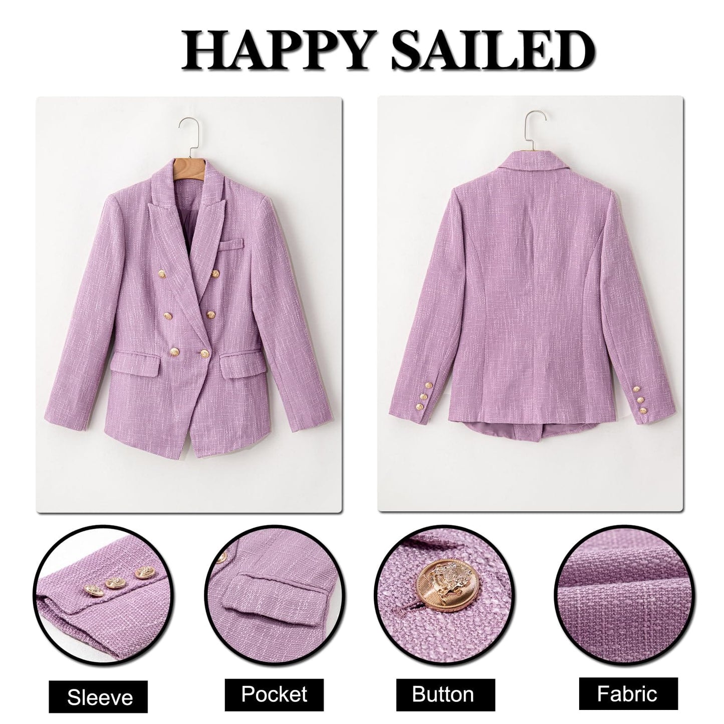 Happy Sailed Womens Tweed Blazers Casual Long Sleeve Double Breasted Open Front Blazer Jackets Work Suits