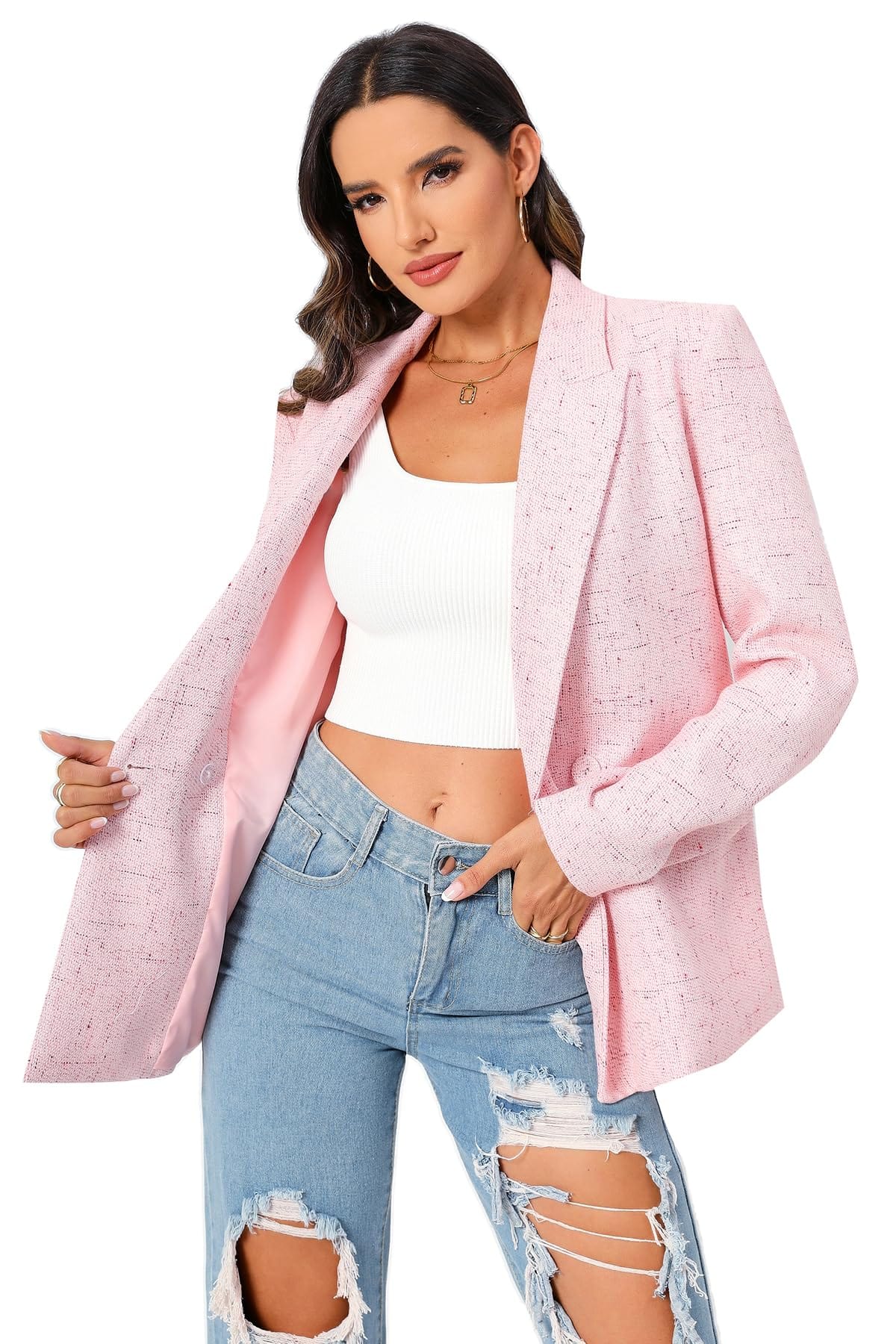 Chaqueta de traje de gran tamaño con doble botonadura para mujer, chaqueta de manga larga, informal, estilo novio, chaqueta de trabajo para oficina con bolsillos