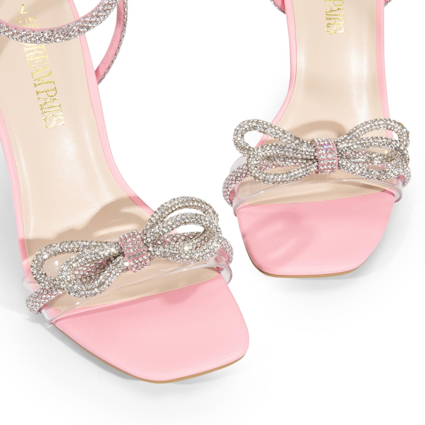 DREAM PAIRS Sandalias de cristal con doble lazo para mujer, tacones transparentes, puntera cuadrada, para fiesta, boda 