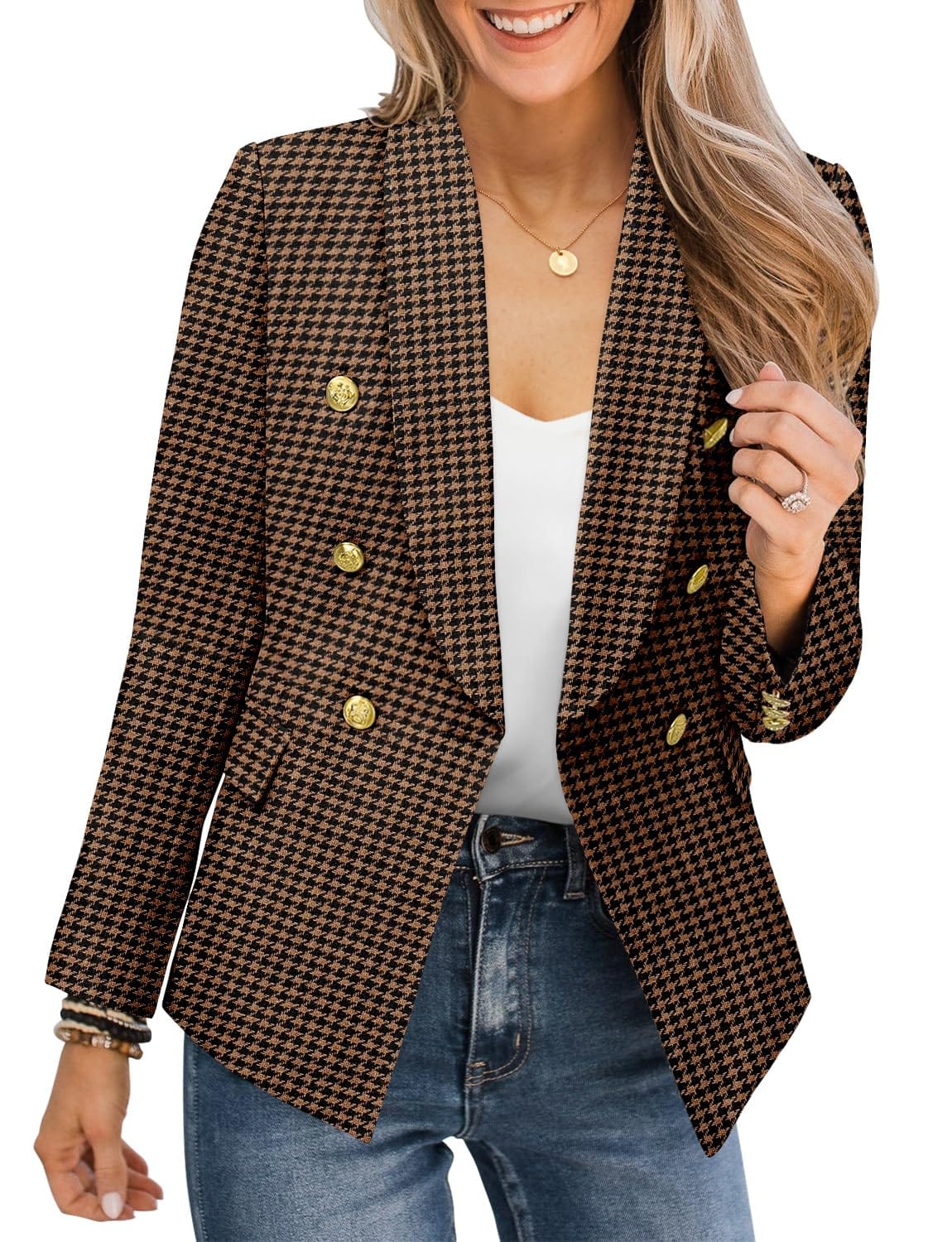 CRAZY GRID Veste blazer décontractée pour femme - Bouton doré - Manches longues - Bureau de travail - Revers ouvert sur le devant