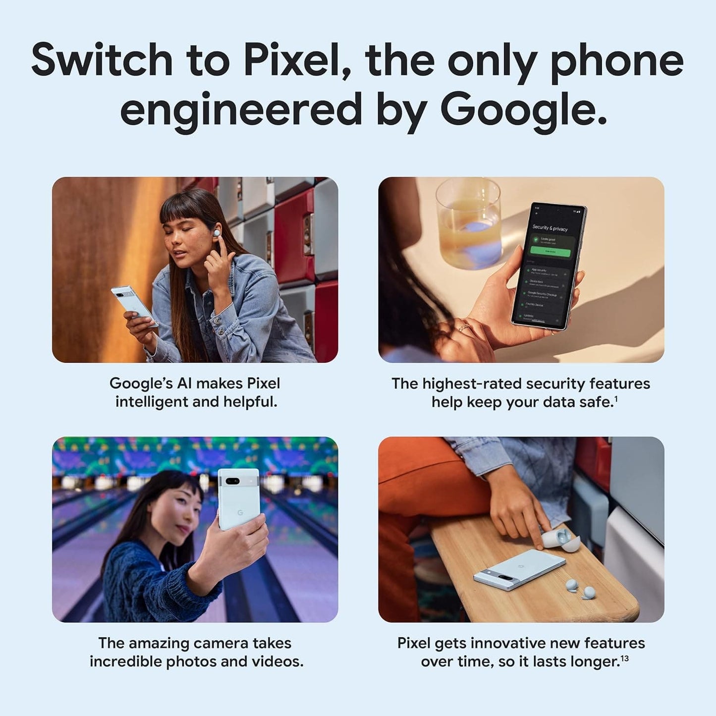 Google Pixel 7a - Téléphone portable Android débloqué avec objectif grand angle et batterie 24 heures - 128 Go - Neige 