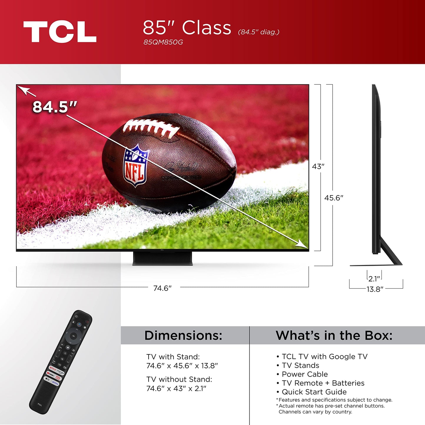 TCL 65 inches QM8 QLED 4K Smart Mini LED TV with Google (65QM850G, 2023 Model) Dolby Vision, Atmos, HDR Ultra, Game Accelerator up to 240Hz, Voice Remote, Works Alexa, Streaming Television, Black