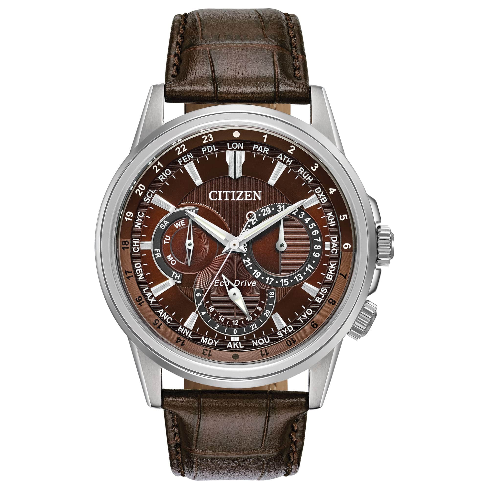 Citizen Montre classique Calendrier Eco-Drive pour homme, heure 12/24 heures, jour et date à 3 aiguilles, cristal minéral antireflet, aiguilles lumineuses 