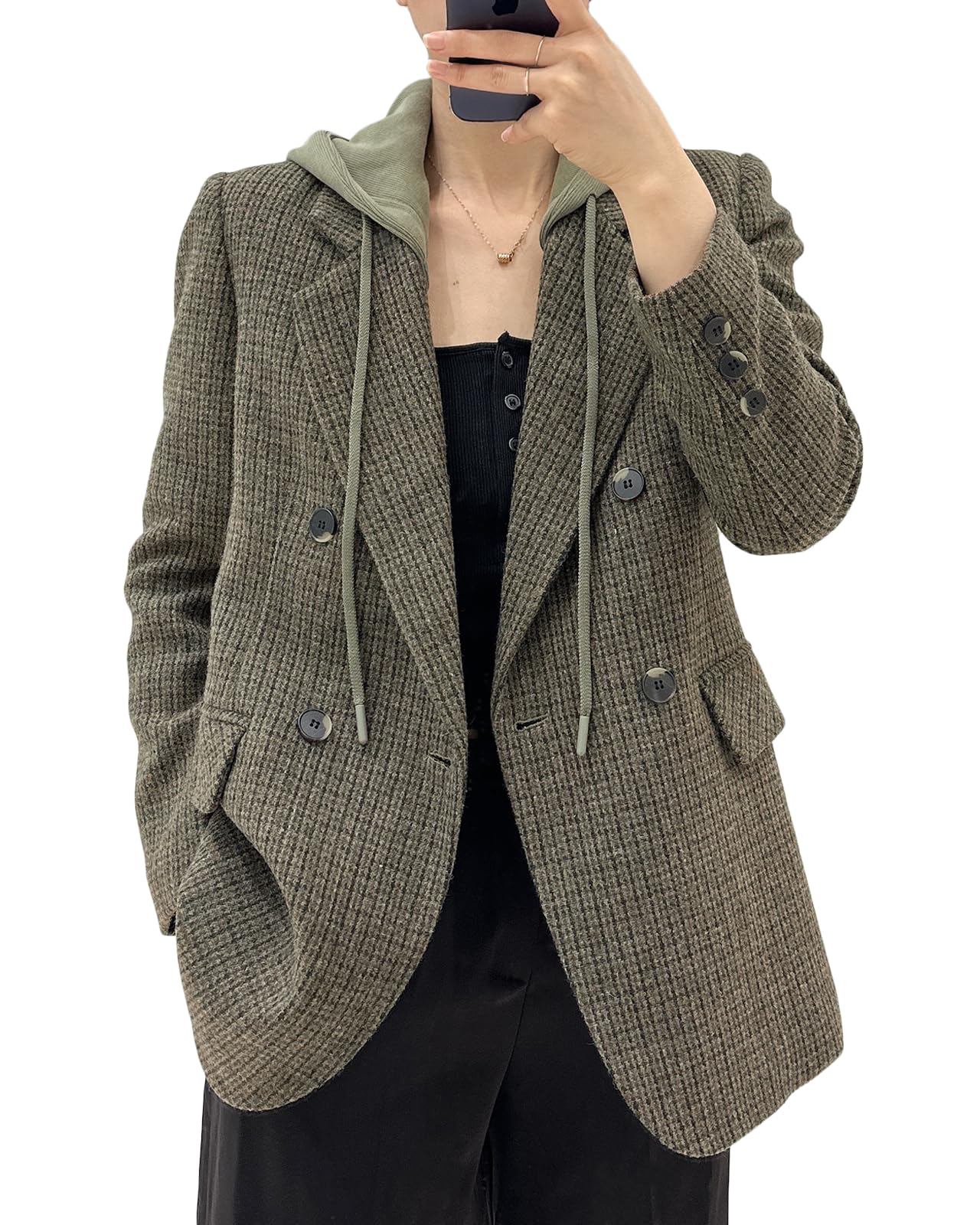 Mina Self Oversize Blazer Jacket for Women Hooded 2024 New Four Seasons Plus Size Casual Open Front Work Office Suit (XS-XXL)