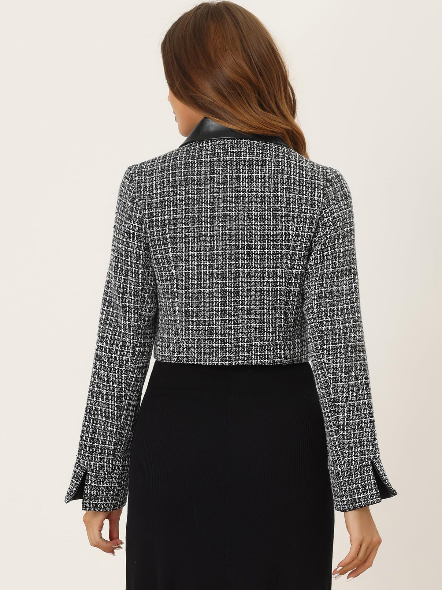 Allegra K Tweed Plaid Blazer for Women's Contrast Collar Double Breasted Vintage Cropped Jackets