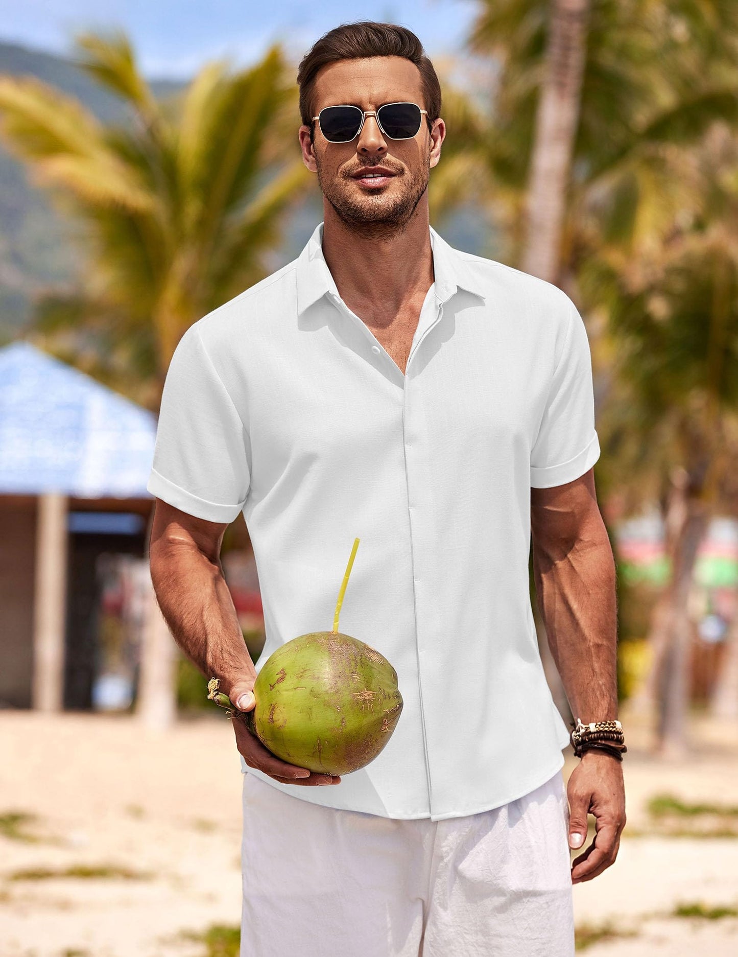 COOFANDY Men's Linen Shirts Short Sleeve Casual Shirts Button Down Shirt for Men Beach Summer Wedding Shirt