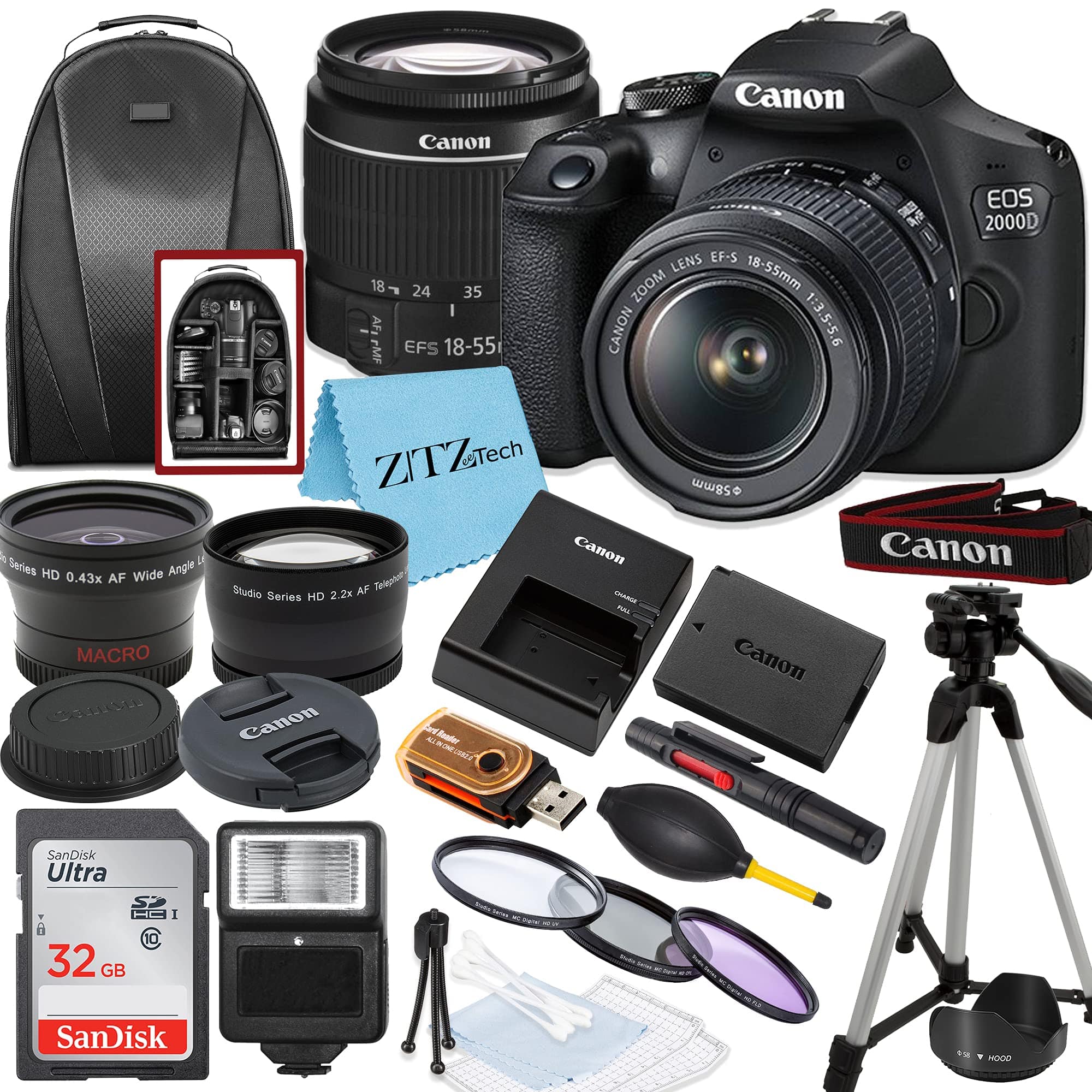 Appareil photo reflex numérique Canon EOS 2000D / Rebel T7 avec objectif EF-S 18-55 mm + étui pour trépied avec carte SanDisk 32 Go Objectifs grand angle Ensemble d'accessoires ZeeTech (20 pièces) (18-55 mm, carte) (renouvelé) Noir