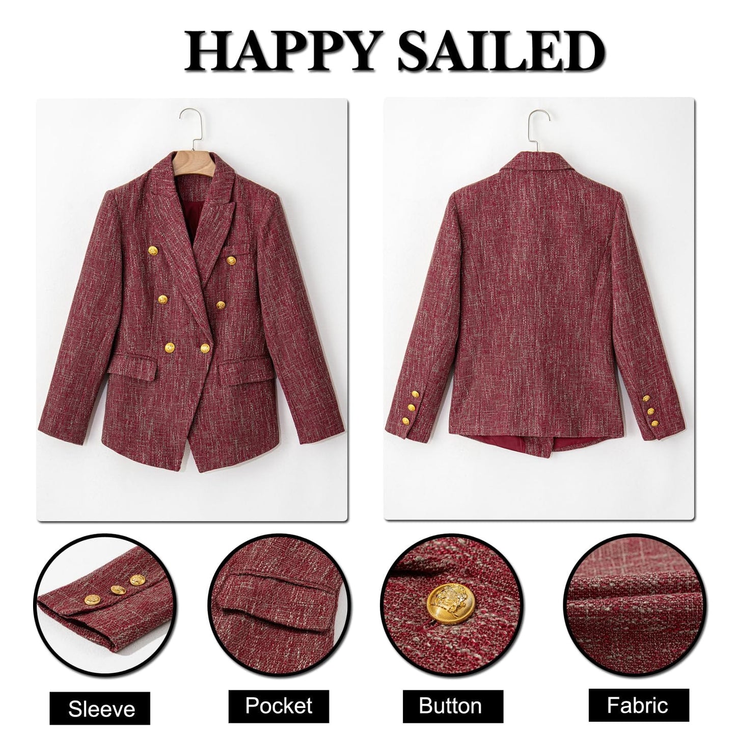 Happy Sailed Blazers de Tweed para Mujer Casual Manga Larga Doble Botonadura Frente Abierto Blazer Chaquetas Trajes de Trabajo 