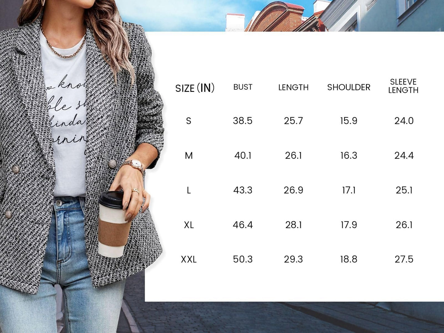 Tweed Jacket Women Long Sleeve Open Front Double Breasted Casual Work Office Blazer Jackets with Pockets