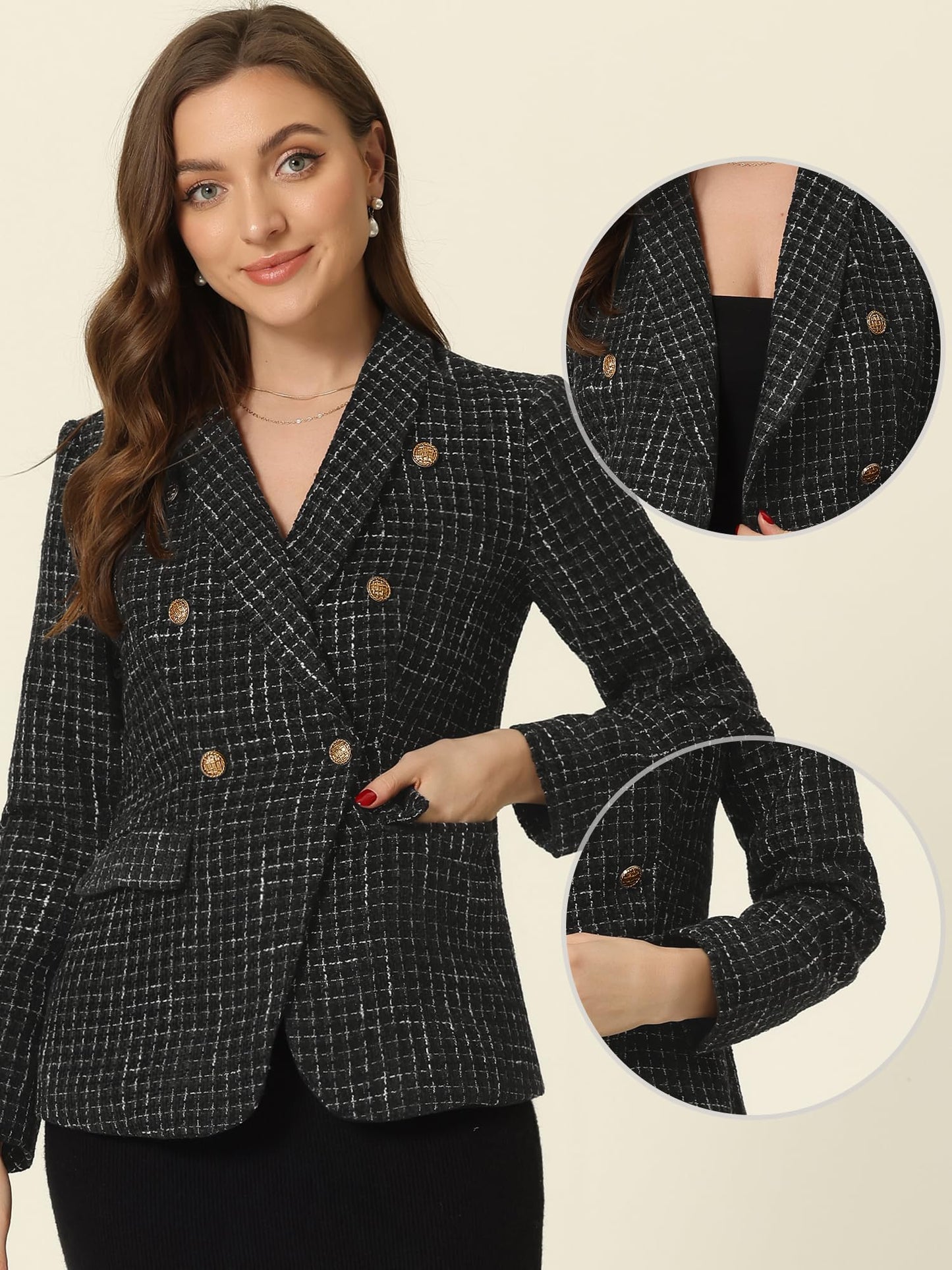 Allegra K Blazer en tweed pour femme avec revers cranté et double boutonnage à carreaux pour le travail et le bureau 