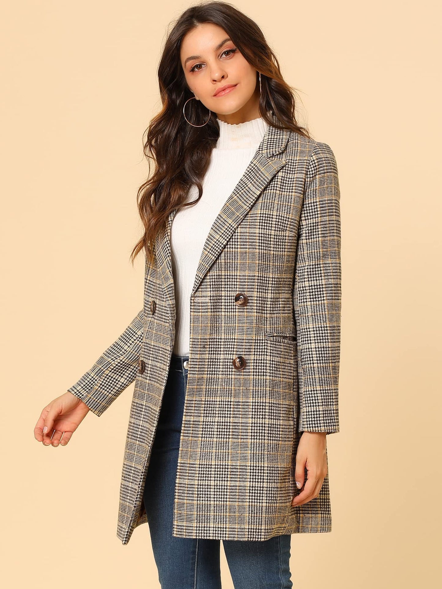 Allegra K Women's Double Breasted Notched Lapel Plaid Trench Blazer Coat