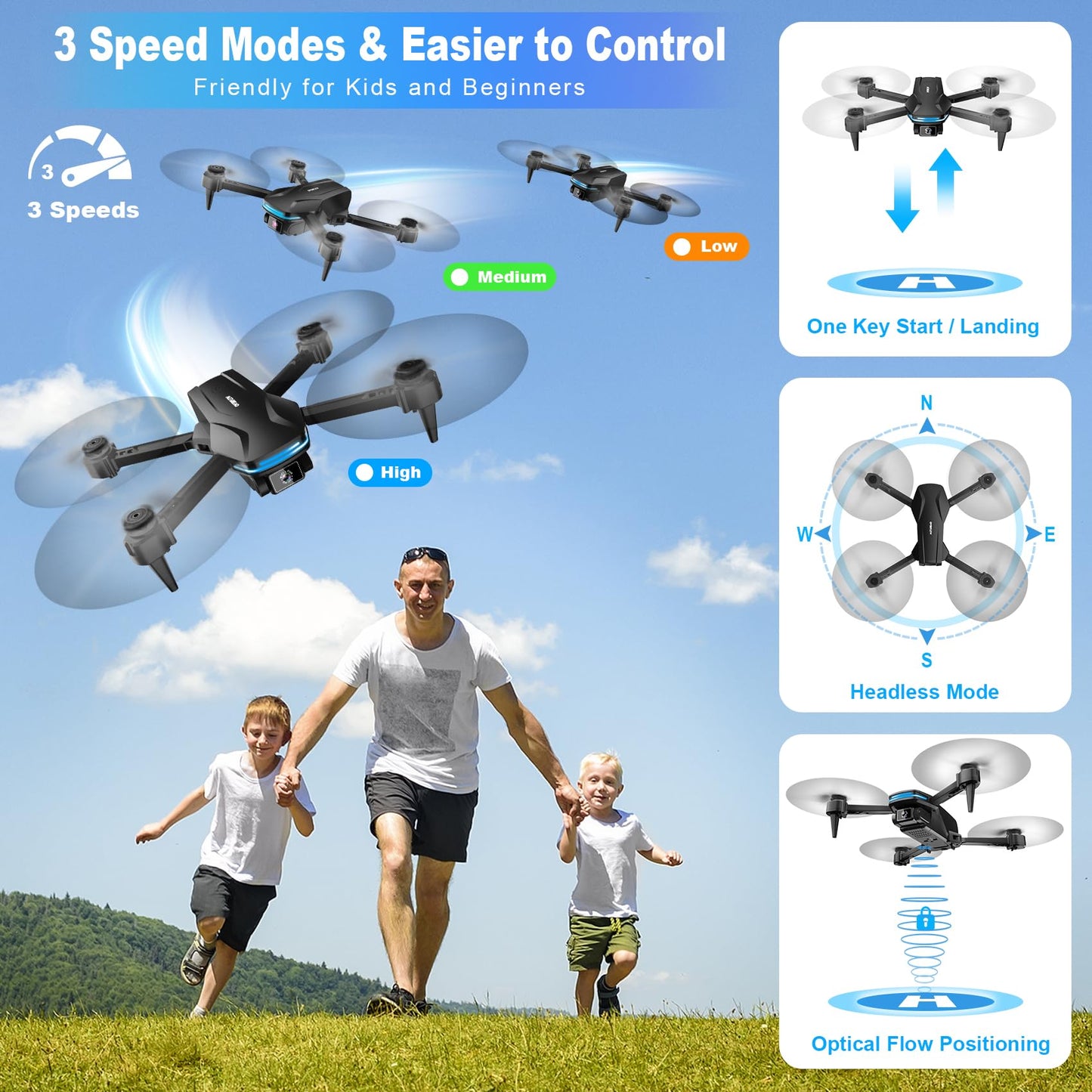 Drone con cámara 1080P HD FPV Drone plegable para principiantes y niños, Quadcopter con control de gestos de voz con estuche de transporte, despegue/aterrizaje con una tecla, posicionamiento de flujo óptico, giro de 360°, vuelo Waypoint 