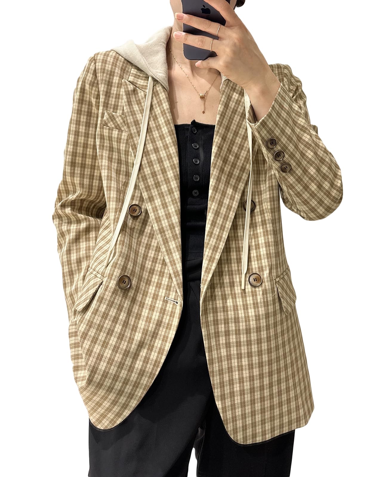 Mina Self Oversize Blazer Jacket for Women Hooded 2024 New Four Seasons Plus Size Casual Open Front Work Office Suit (XS-XXL)