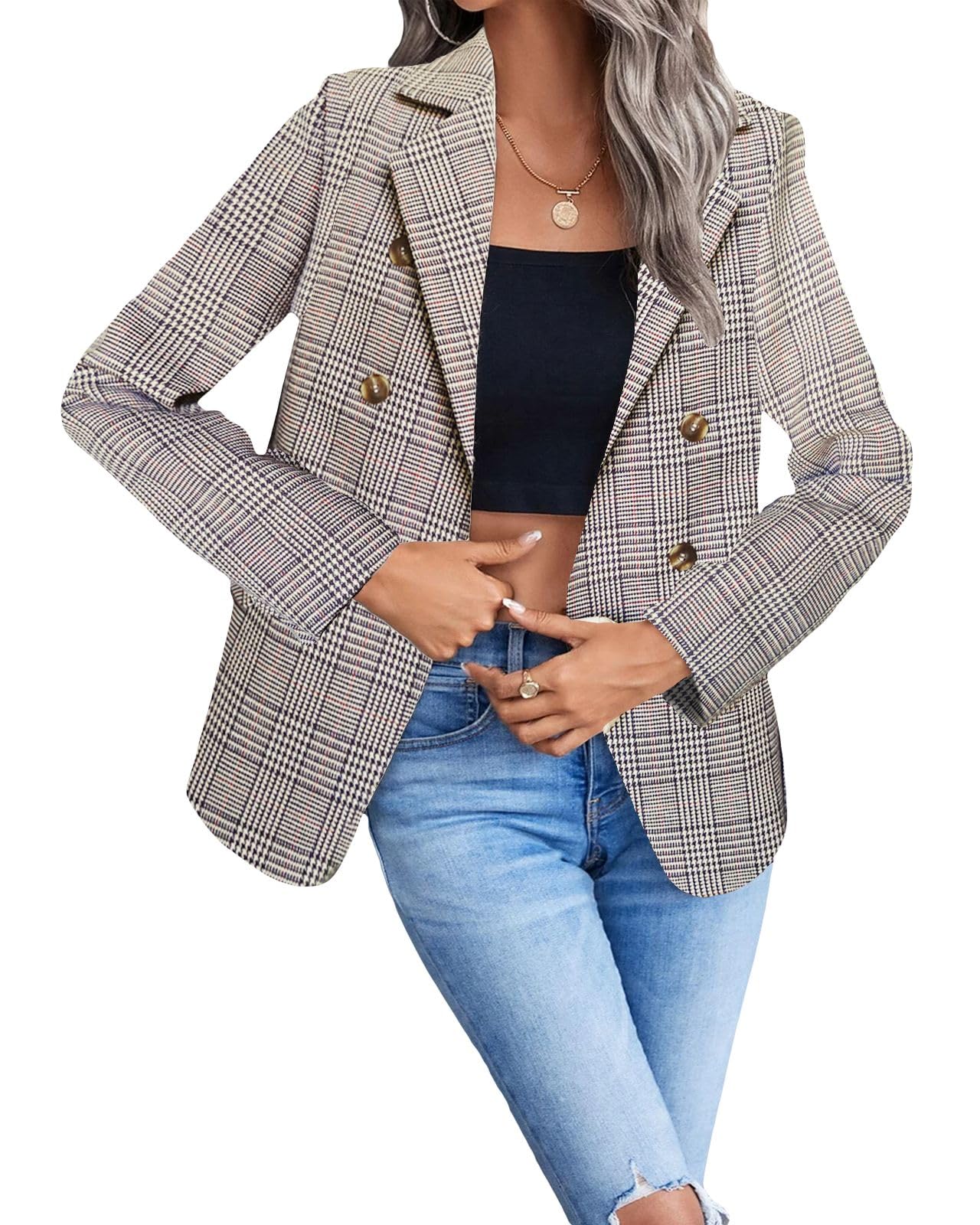 Womens Casual Blazer 2024 Spring Open Front Business Work Tweed Plaid Jacket Suit Pocket (S-XXL)