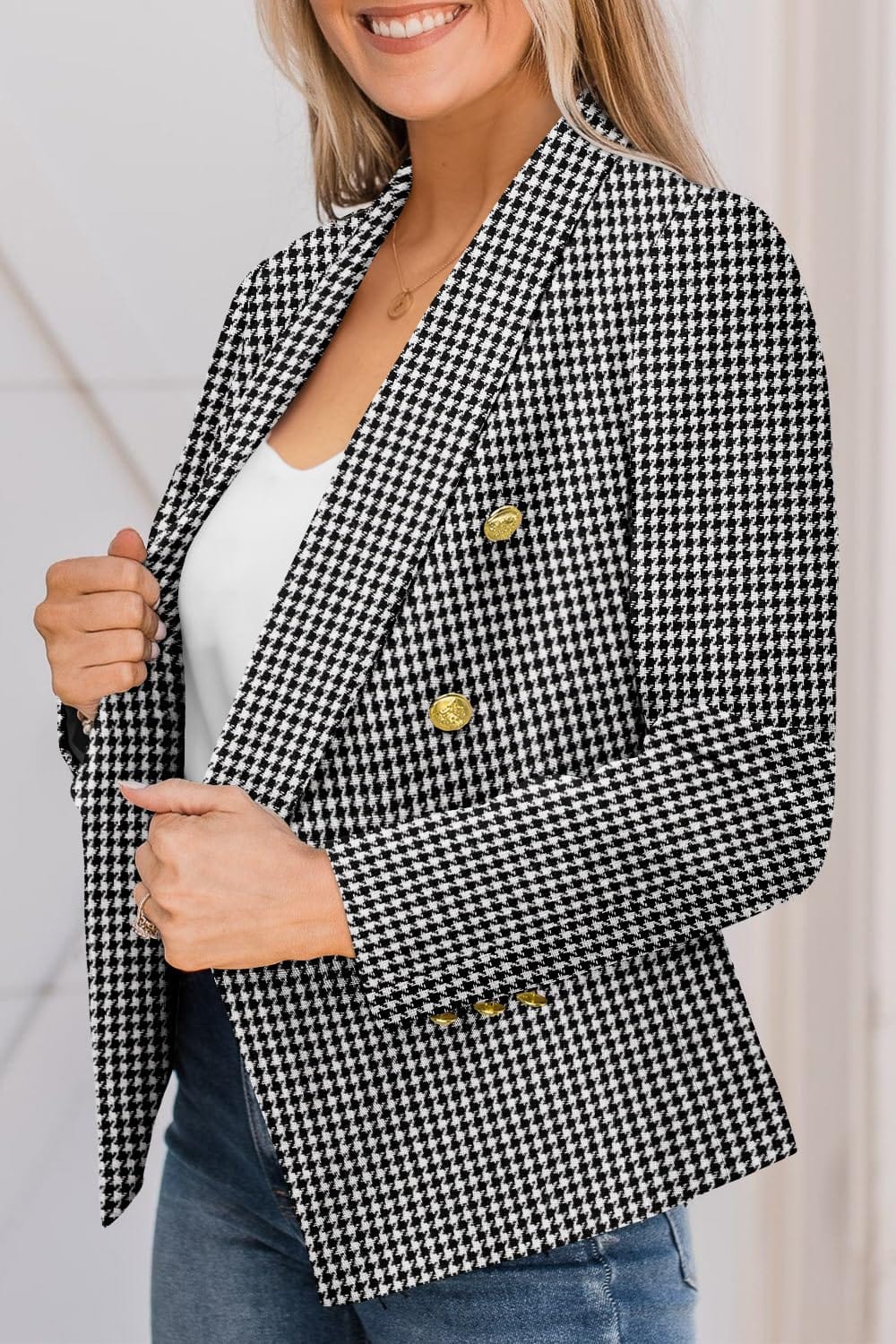 CRAZY GRID Veste blazer décontractée pour femme - Bouton doré - Manches longues - Bureau de travail - Revers ouvert sur le devant