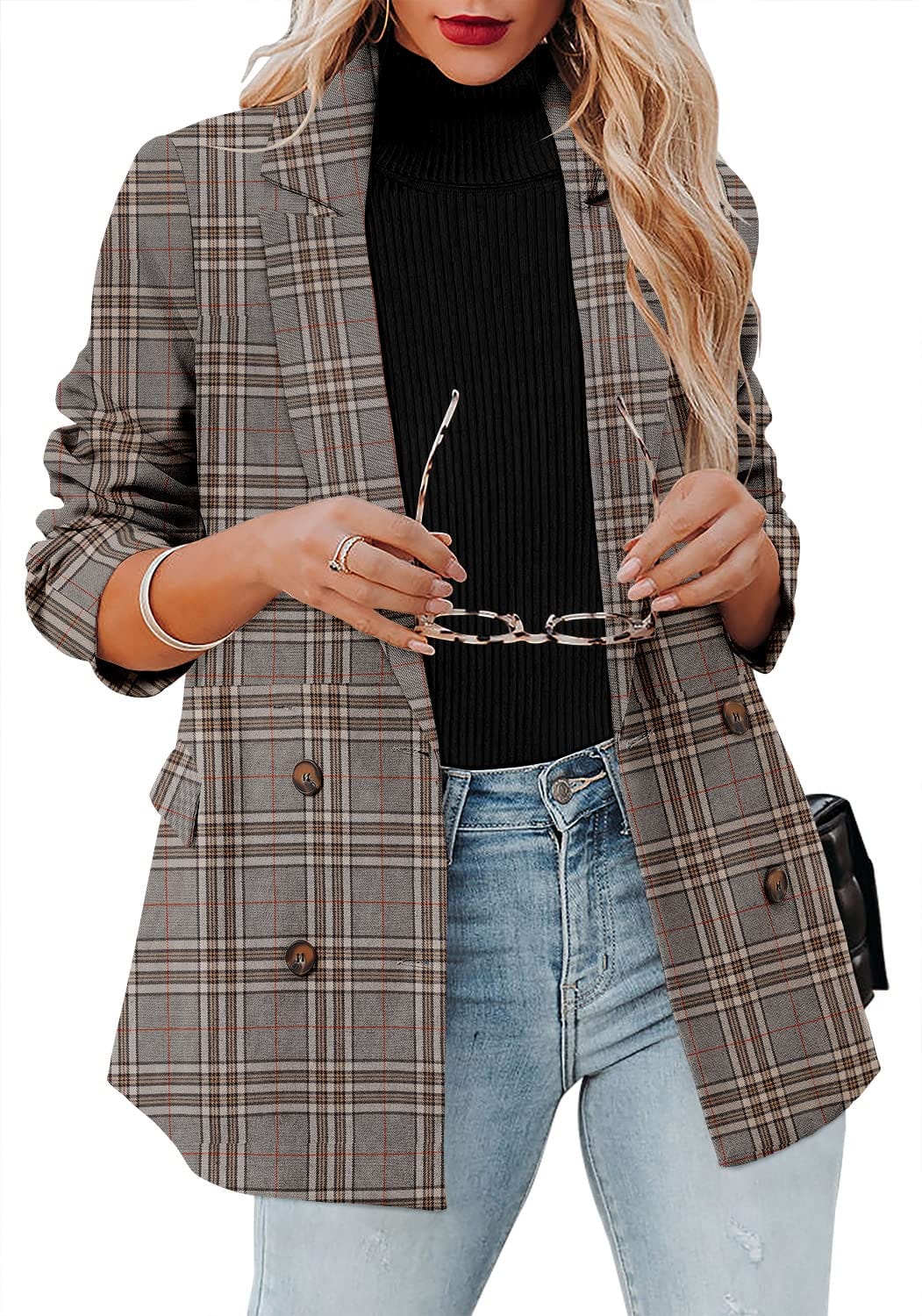 CRAZY GRID Chaqueta casual para mujer, de manga larga, con frente abierto, para trabajo, oficina, chaqueta con botones de solapa